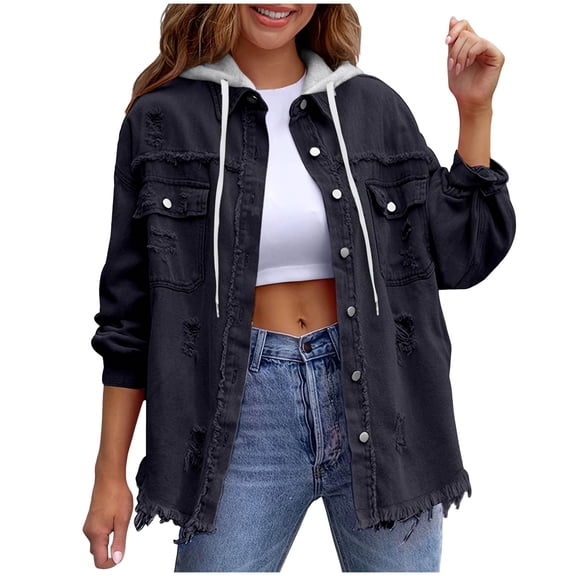 Women's Denim detachable Hooded Coat Long Sleeve Button Down Cardigan Jacket with Pockets Black L