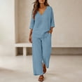 thumbnail image 6 of Lekode Womens Linen Set Boho Summer Pajamas Beach Vacation Outfits V Neck Blouses V Neck Two Piece Sets for Women Solid Blouses Tops Roll-up Sleeve Top Linen Pants Set Gauze Capri Set Blue L, 6 of 7
