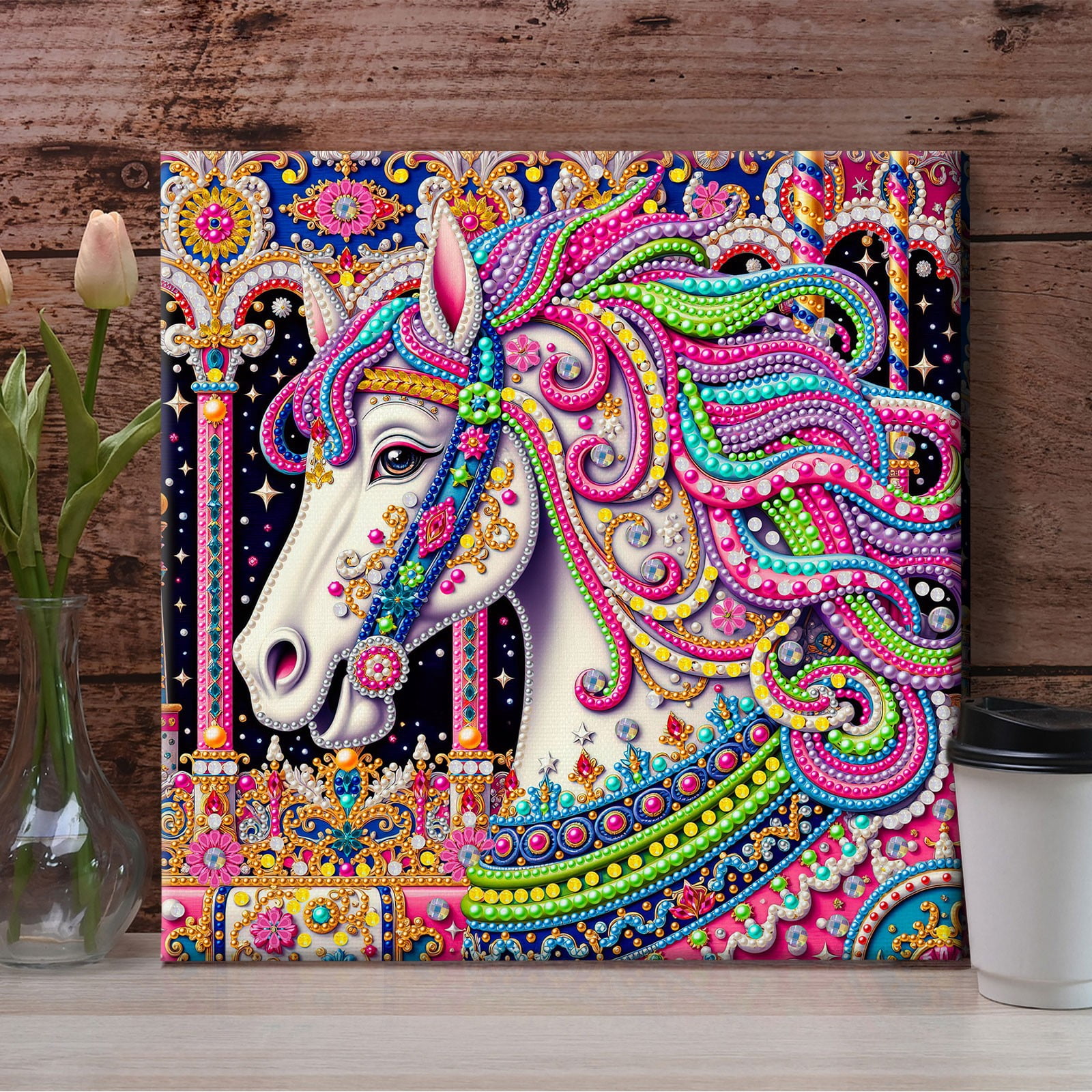 FLOPESN DIY Pearl Painting Kit with Wood Frame, 11.42x11.42 Inch Home Wall Art Decor, Mindful Adult Craft for Stress Relief and Relaxation-Horse-1