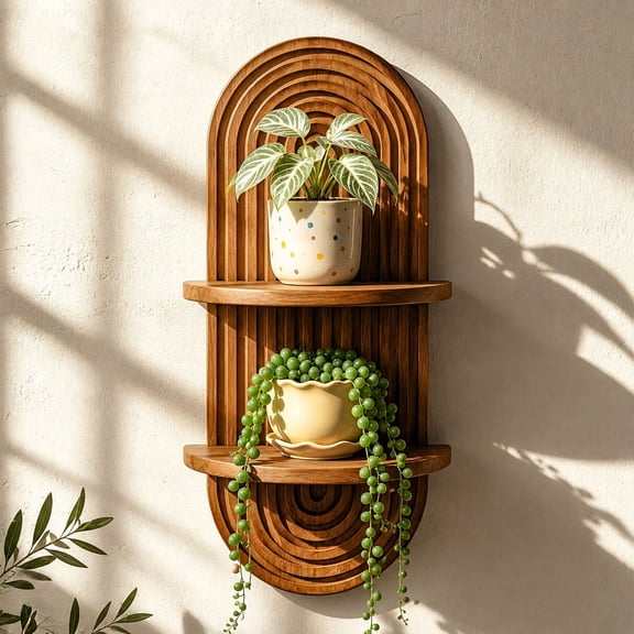 SNYGOV Brown Hanging Plant Wall Shelf, 16.7in 2 Tier Wooden Floating Shelves, Boho Mid Century Modern Wall Decor for Living Room, Bedroom