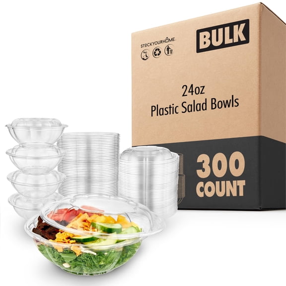 Stock Your Home 24oz Clear Plastic Salad Bowls with Lids 300 Pack Small Takeout Containers with Snap Lids for Fruit Quinoa Meal Prep