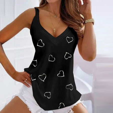 

FREE SHIPPING-camisole Women Summer Casual Vest V-Neck Pullover Blouse Printed Sleeveless Tank Tops nightgowns for women lingerie valentines day birthday gifts Black