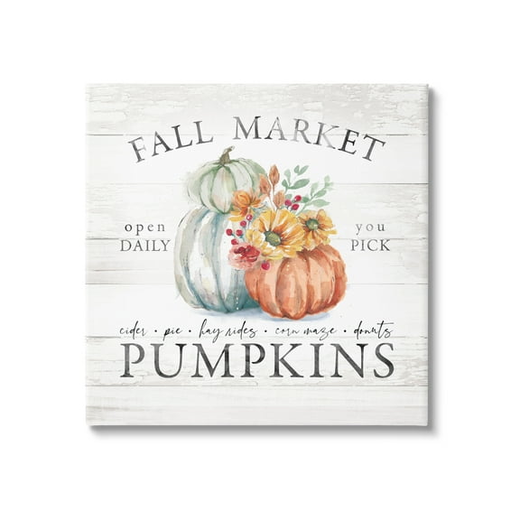 Fall Market Pumpkins Rustic Country Sign Autumn Florals Botanical & Floral Graphic Art Gallery-Wrapped Canvas Print Wall Art