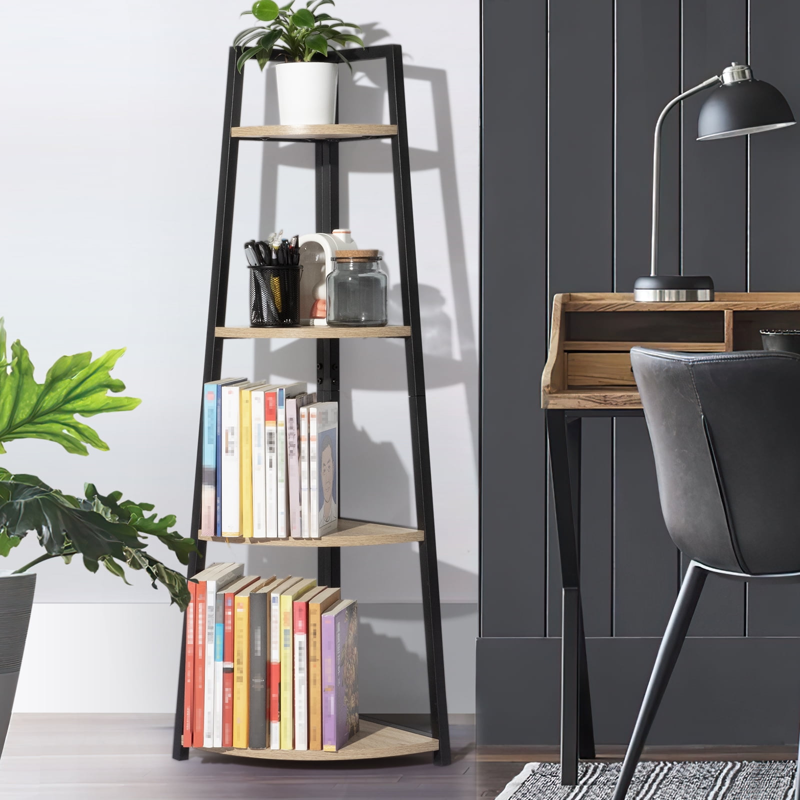 Yardi Yard 4-Shelf Corner Bookshelf, Wood Multipurpose Shelving Unit with Metal frame, Black Yardi Yard 4-Shelf Corner Bookshelf, Wood Multipurpose Shelving Unit with Metal frame, Black