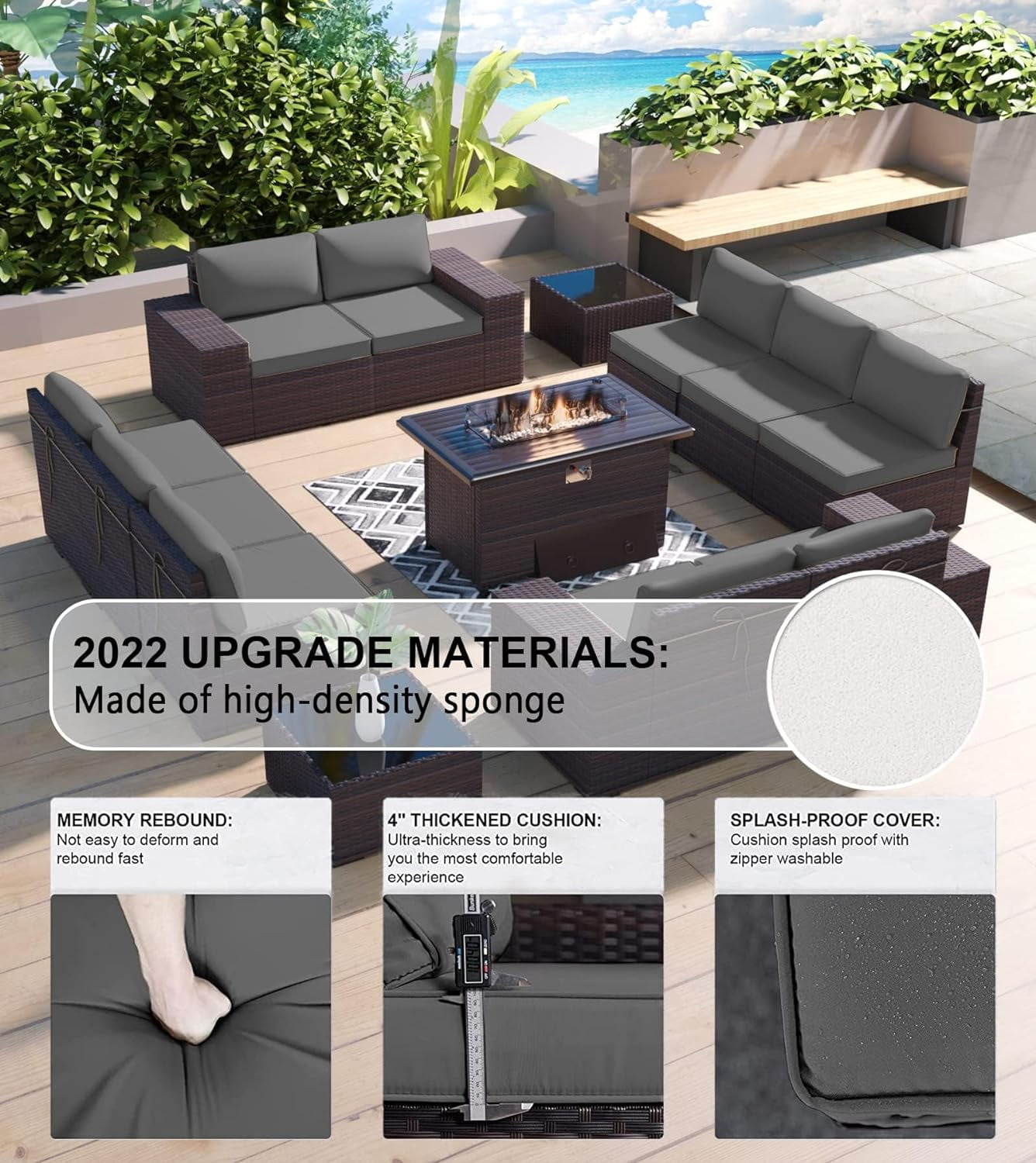 Gotland 13 Pieces Outdoor PE Rattan Wicker Patio Furniture Set with 43" Fire Pit Table Outdoor Steel