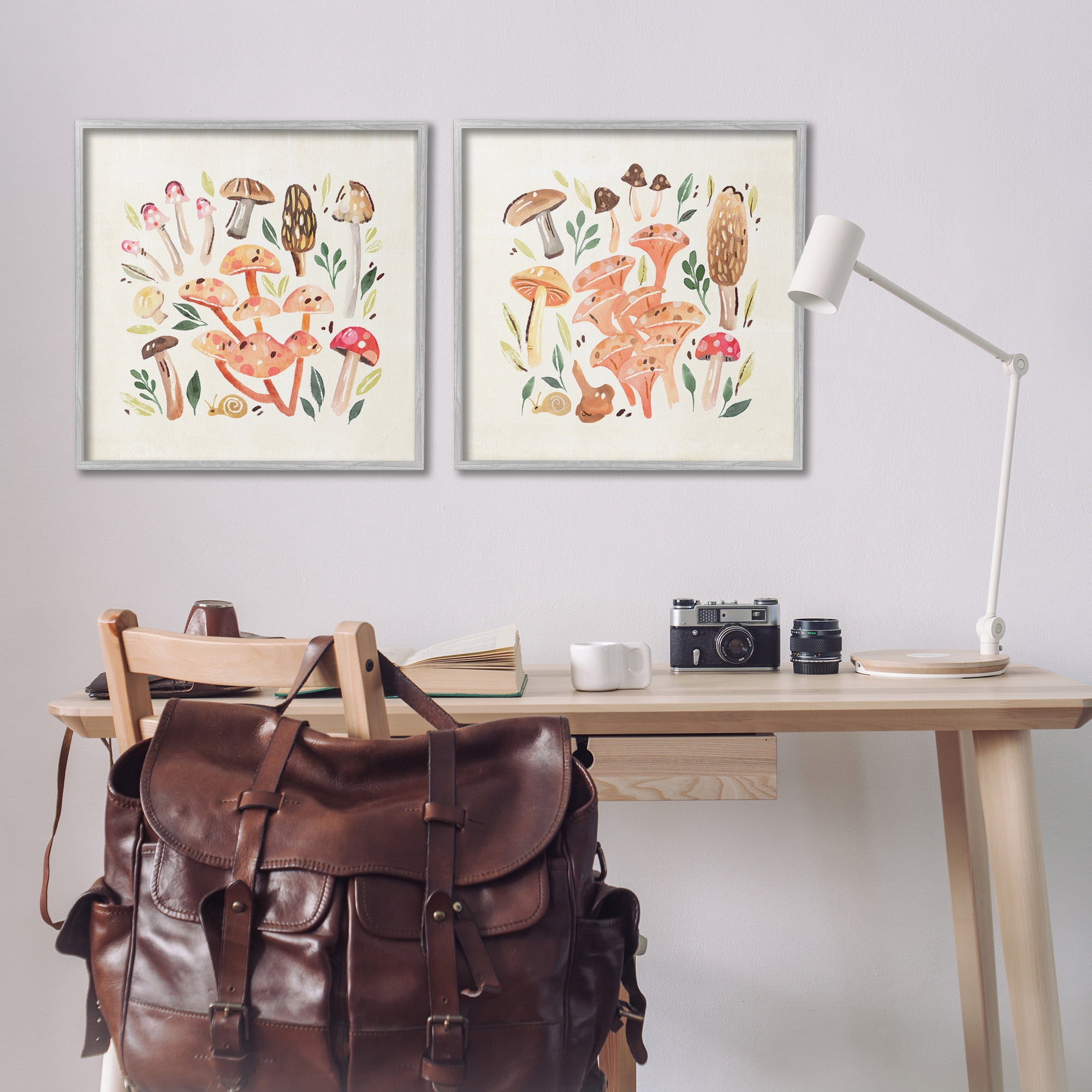 Stupell Industries Mushroom & Leaves Pattern Botanical & Floral Painting Gray Framed Art Print Wall Art, 24 x 24, Set of 2