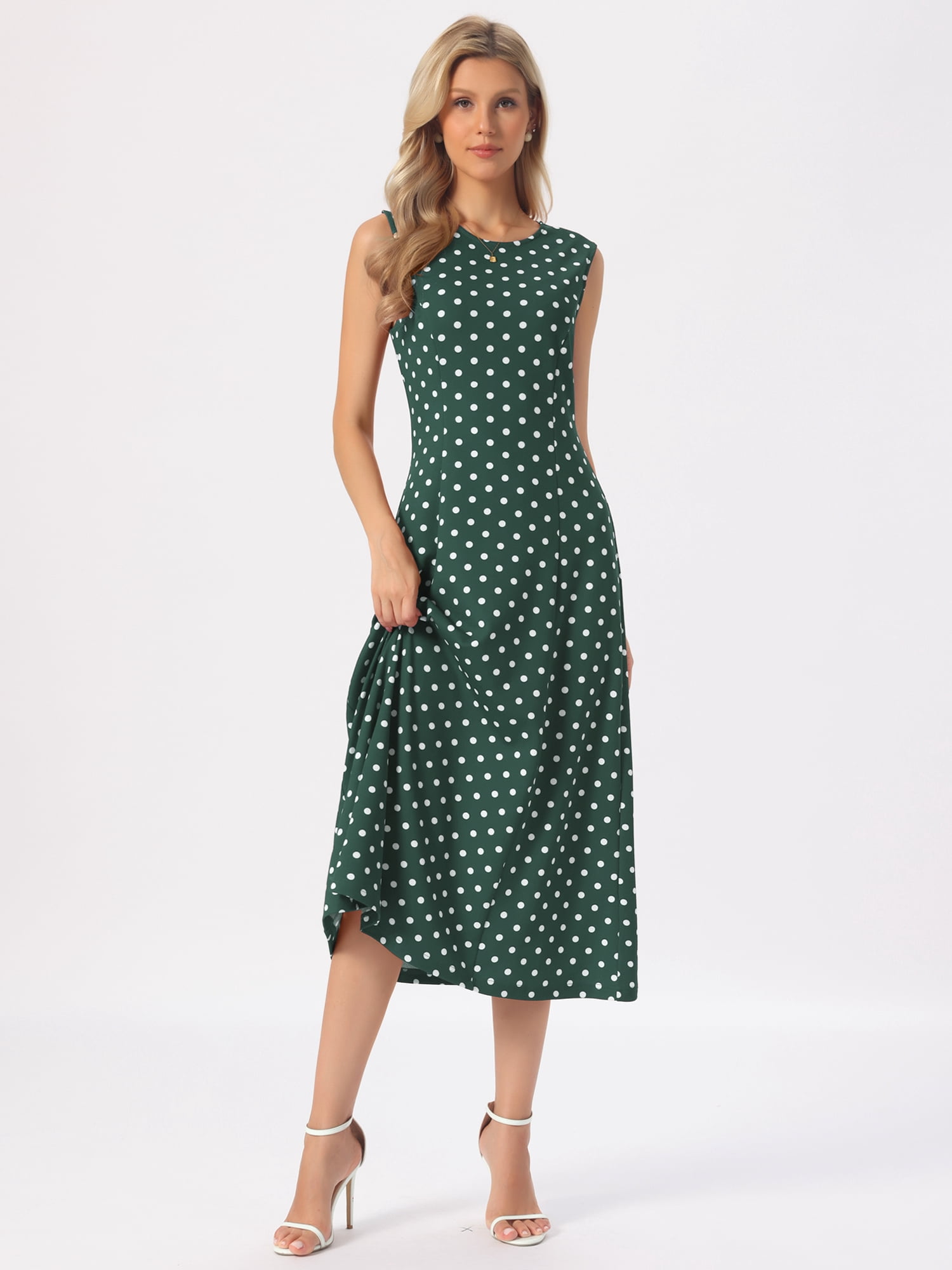 DARING DIVA Women's Polka Dots Sleeveless Vintage Crewneck Midi Dress M Dark Green