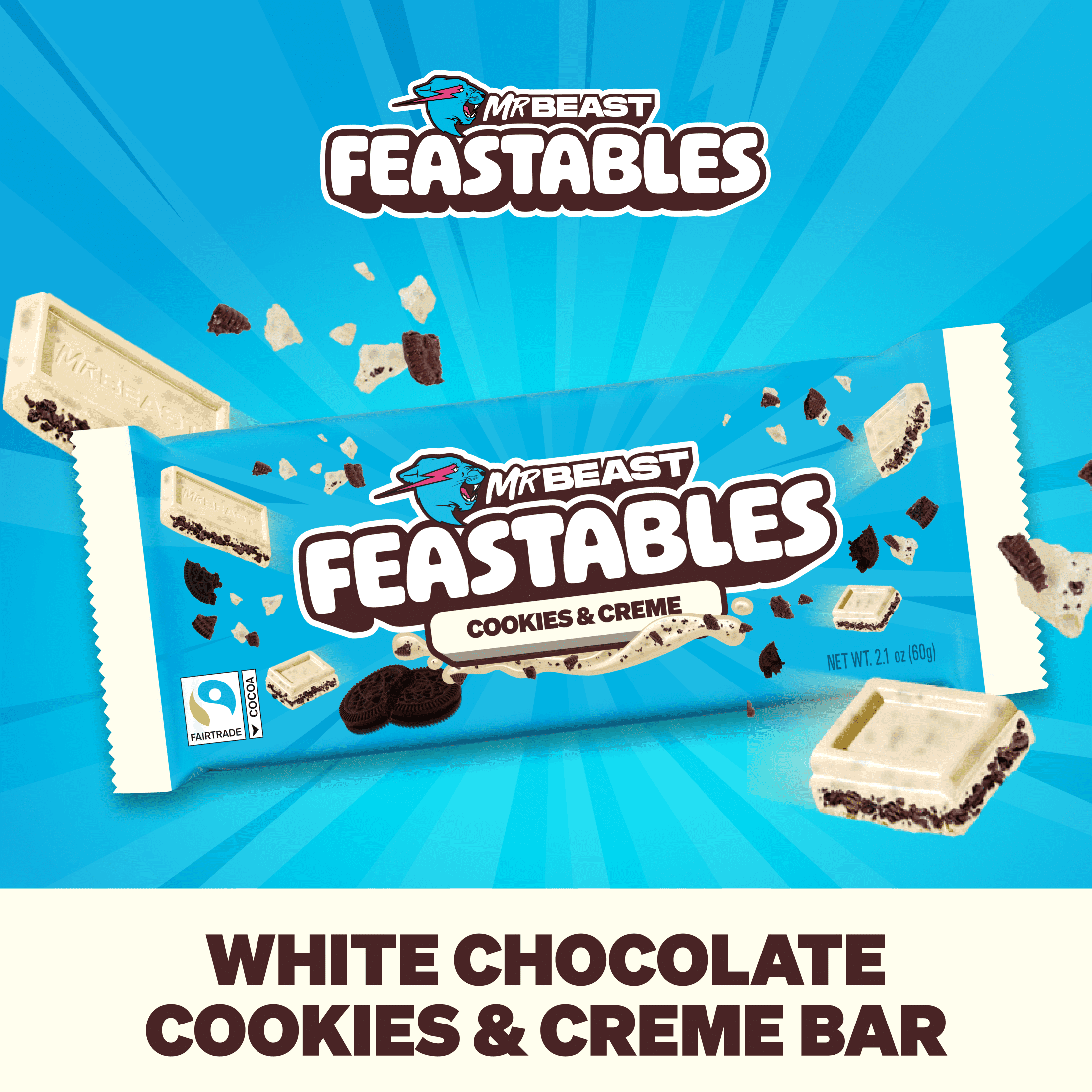 (2 pack) Feastables Mr Beast Cookies and Creme White Chocolate Bar, 2.1 oz (60g), 1 Bar
