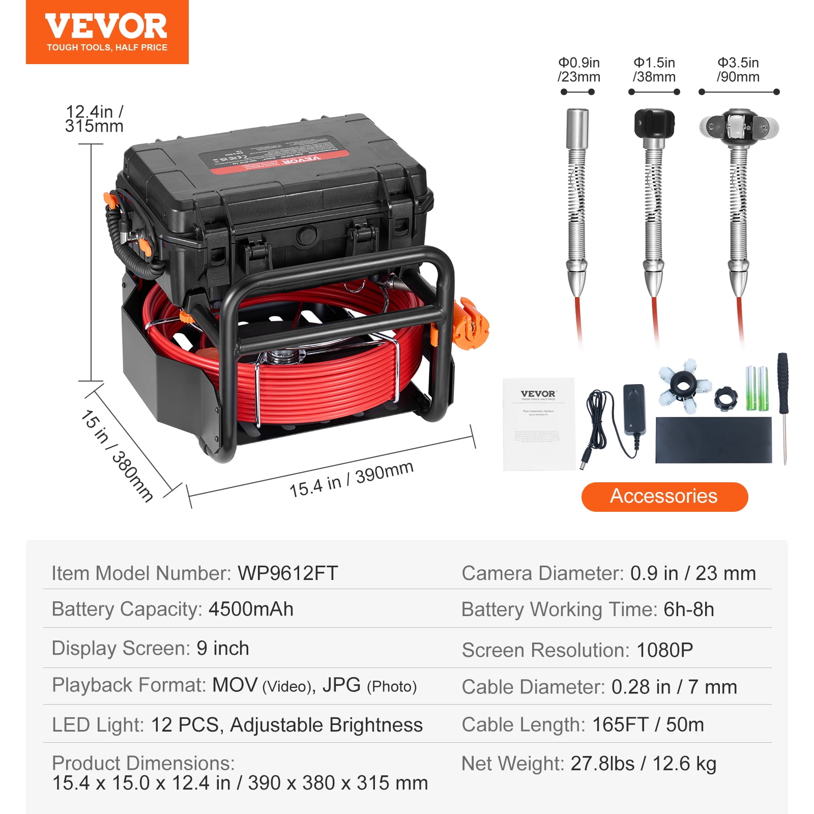 VEVOR Sewer Camera, 165 ft/50m, Self-Leveling Drain Camera with 512Hz Transmitter, Distance Counter, 9" Screen 1080P HD Snake Plumbing Camera with Lights-12 LED & 32GB Card for Duct Pipe