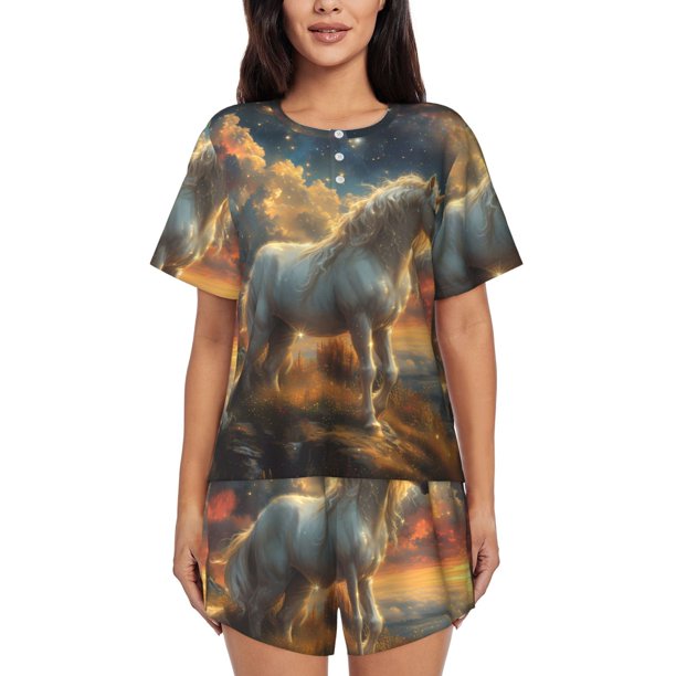 Fotbe Starry Sky White Horse Conjunto de Pijama Estampado para Mujer, 2 Piezas, Ropa de Dormir con Camiseta de Manga Corta y Shorts Suaves-X-Large