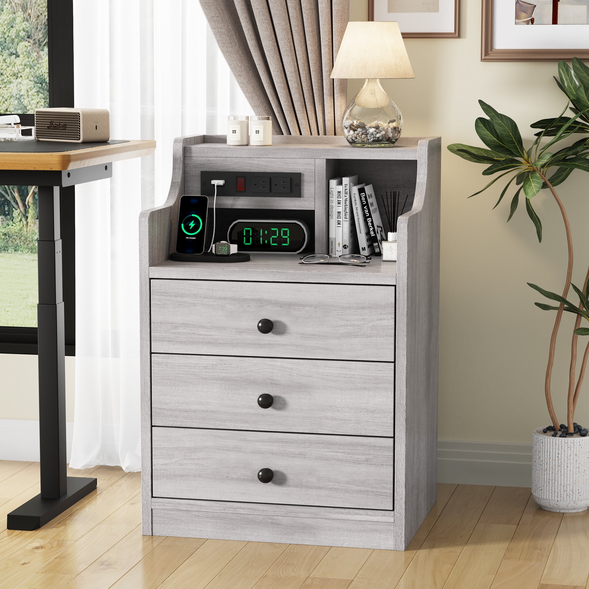 Afuhokles Nightstand with Charging Station for Bedroom, Bedside Table Night Stand with Hutch and Storage Drawers, Gray