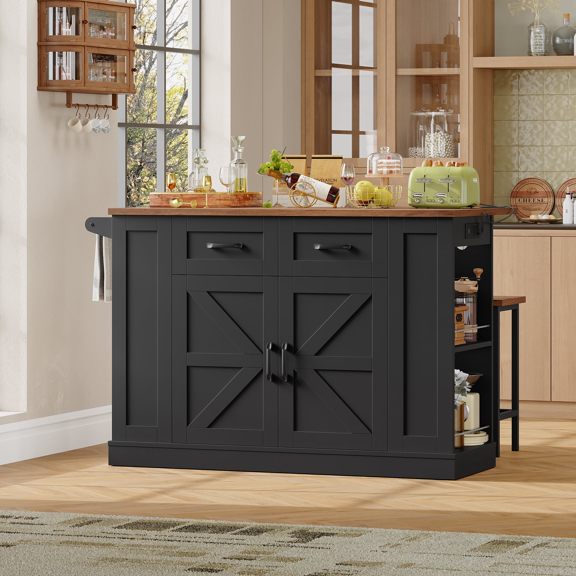 Homfa 47.2'' Kitchen Island with Drop Leaf and Charging Station, Portable Kitchen Island with Storage and 2 Seating, Black Rolling Cart with Wheels for Kitchen, Dining Table for 2