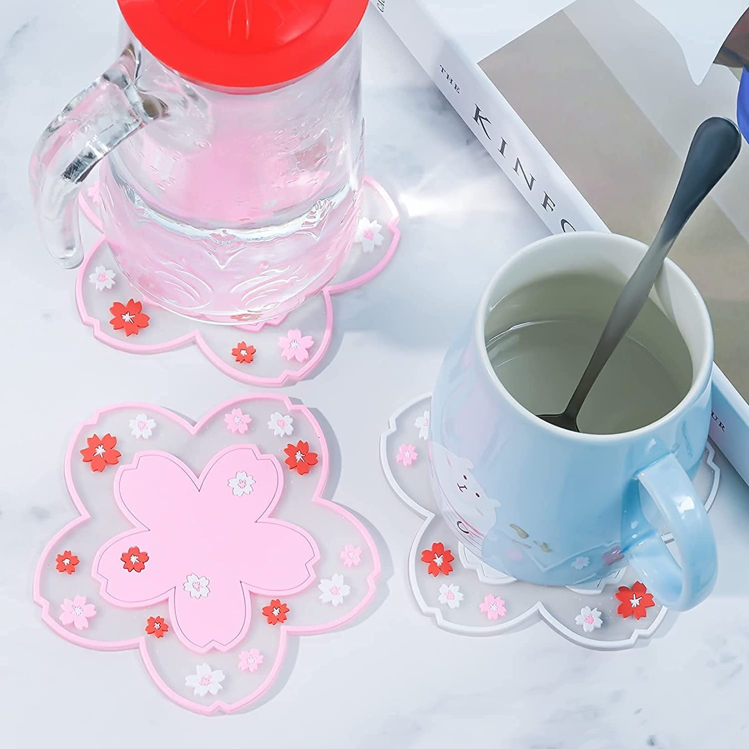 Cherry Blossom Cup Coasters 4 Pcs Silicone Coasters Pink Sakura Coaster Kawaii Cup Cute Coasters for Desk Drink Table Decor Coffee Room Mat Durable