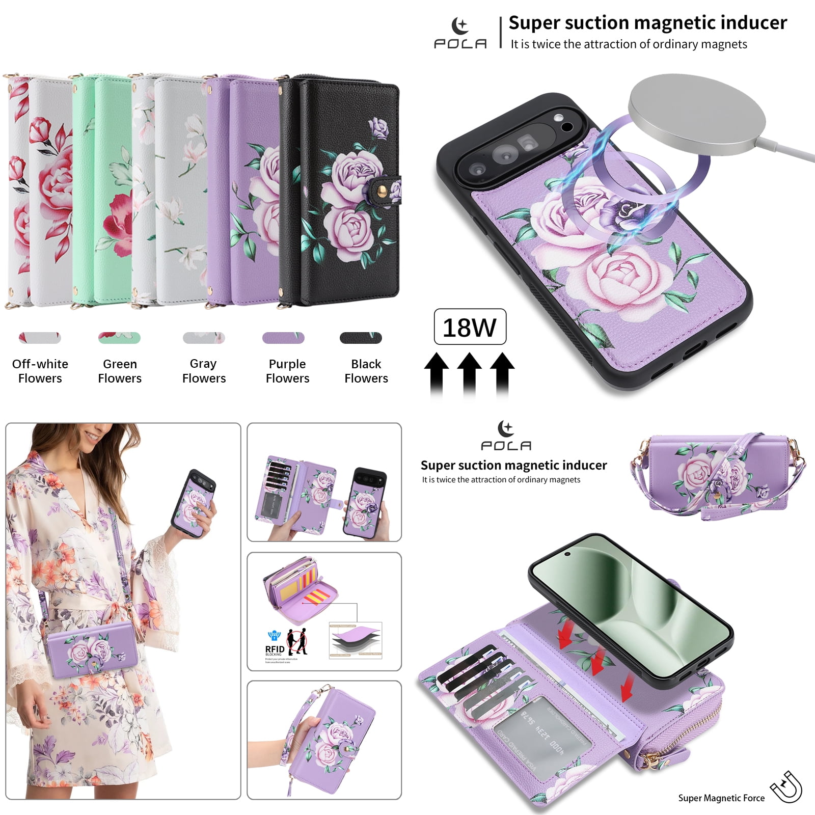 TECH CIRCLE 2-in-1 Wallet Case for Google Pixel 10 / 10 Pro (6.3", 2025), Detachable Magnetic Back Cover, Flip Flower Phone Case with 15 Card Slot, Zipper Pocket, Crossbody Strap, Wrist Strap, Purple