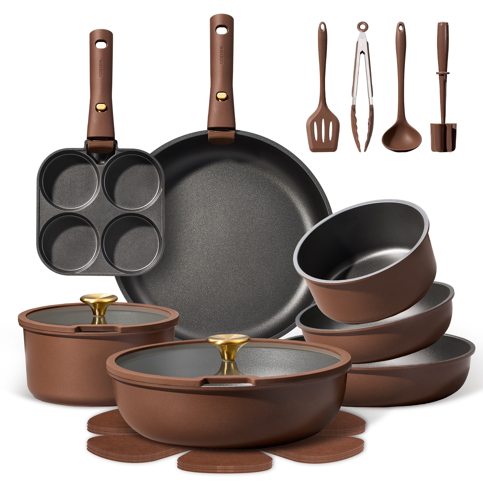 Carote 20 Pcs Nonstick Cookware Sets, Pots and Pans Set with Detachable Handles, Oven Safe, Induction Cookware, Stackable Kitchen Cooking Set, Brown
