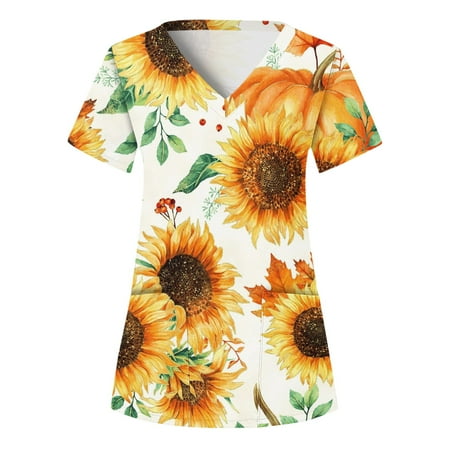 

TAIAOJING Women Scrubs Top V Neck Short Sleeve Top Print T Shirt Casual Workwear