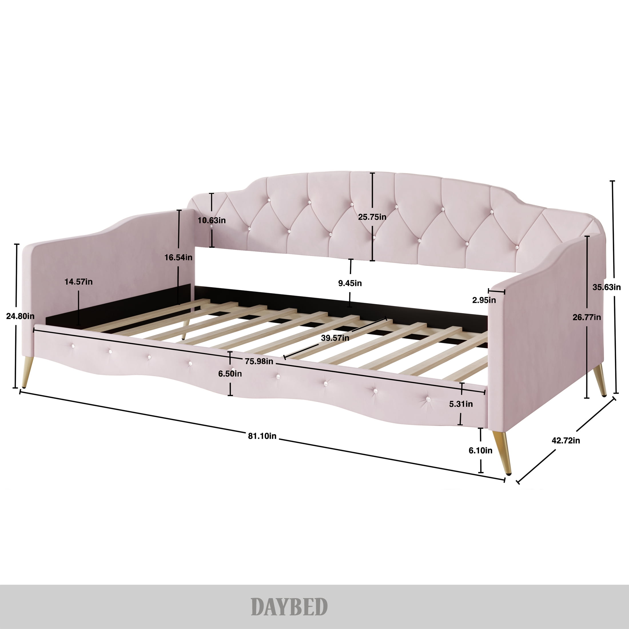 Castle Place Twin Velvet Upholstered Daybed with Crystal Button Tufting, Light Pink