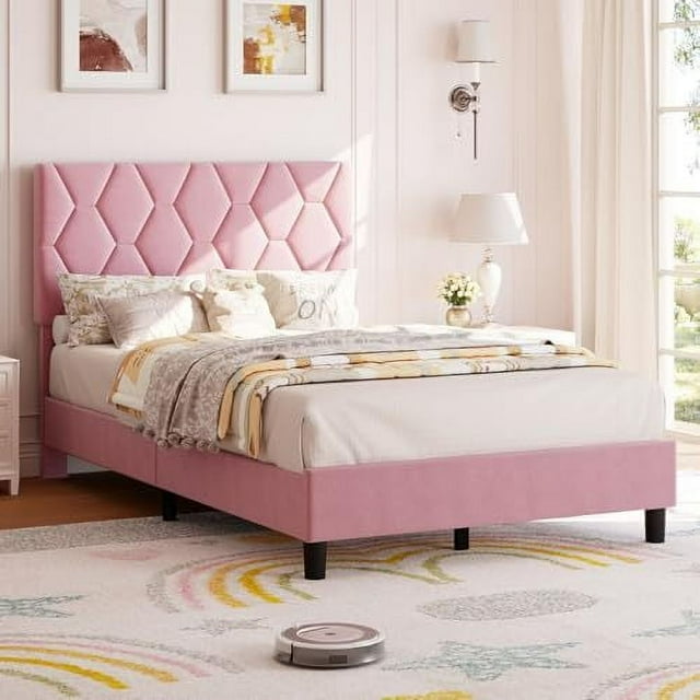 ChaoLink Estructura de cama tamaño Twin con plataforma y cabecero tapizado, estructura tapizada de tela con cabecero ajustable