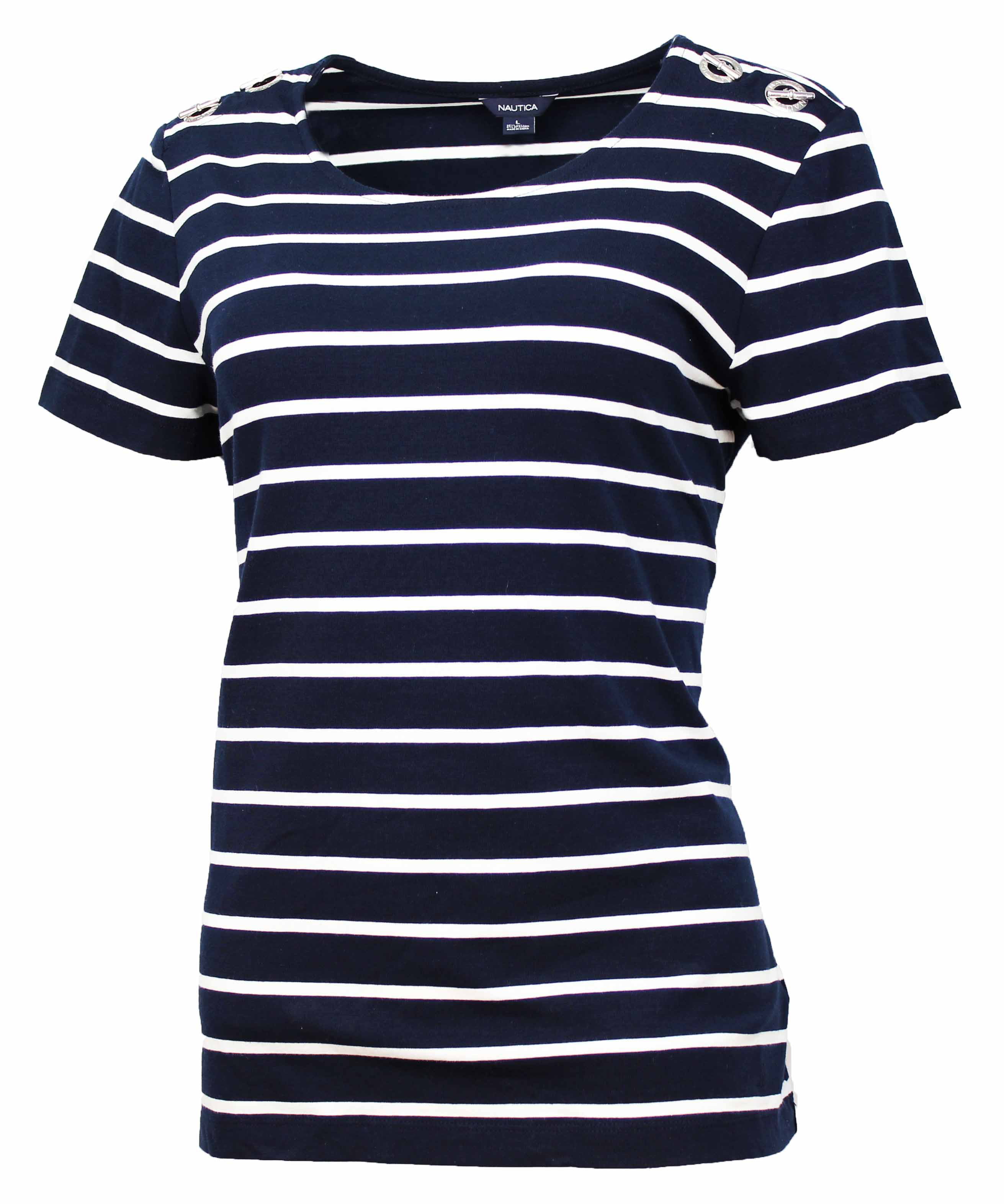 Nautica - Nautica Womens Striped T-Shirt with Shoulder Bar Toggle (Navy