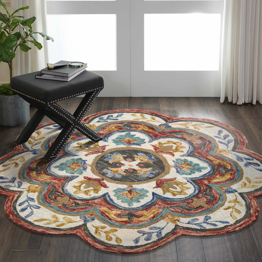 Ox Bay Talia 4' Round Ivory/Red Floral Wool Indoor Area Rug