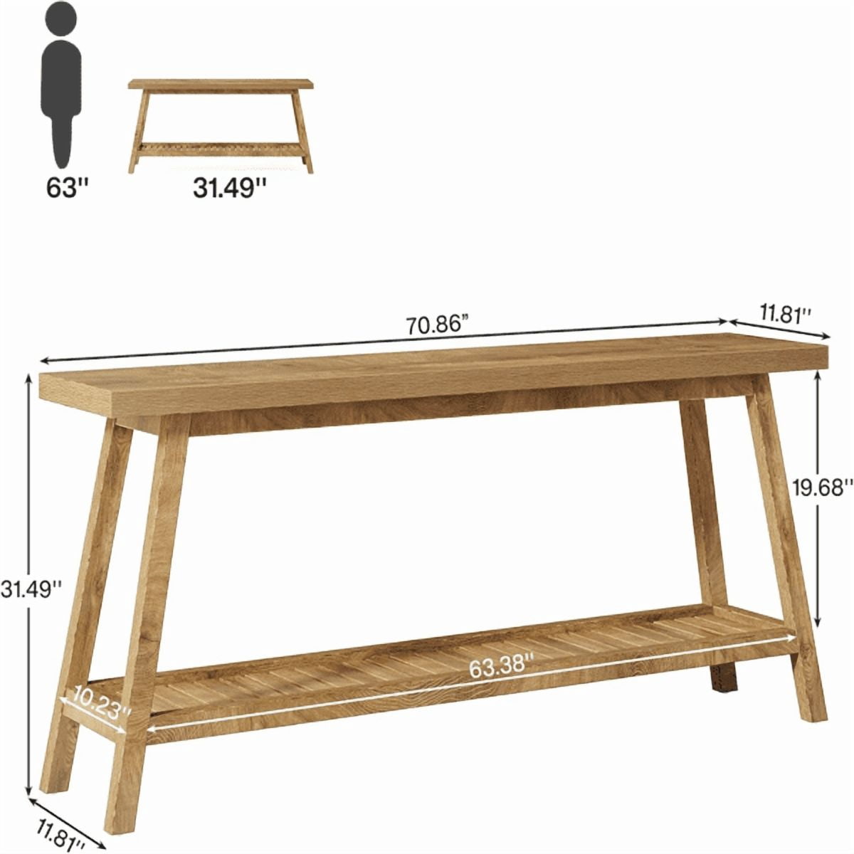 70.9" Farmhouse 2-Tier Console Table - Vintage Wood Grain, 1.97" Thick Engineered Wood, Sturdy Trapezoid Base, Versatile for Entryway, Hallway, Behind Couch