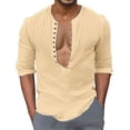 thumbnail image 1 of Camisas Hombre Manga Corta Botón casual de algodón para hombres Cuello redondo Color sólido Camiseta de manga larga casual Camiseta de cuello (Beige, XL), 1 of 6