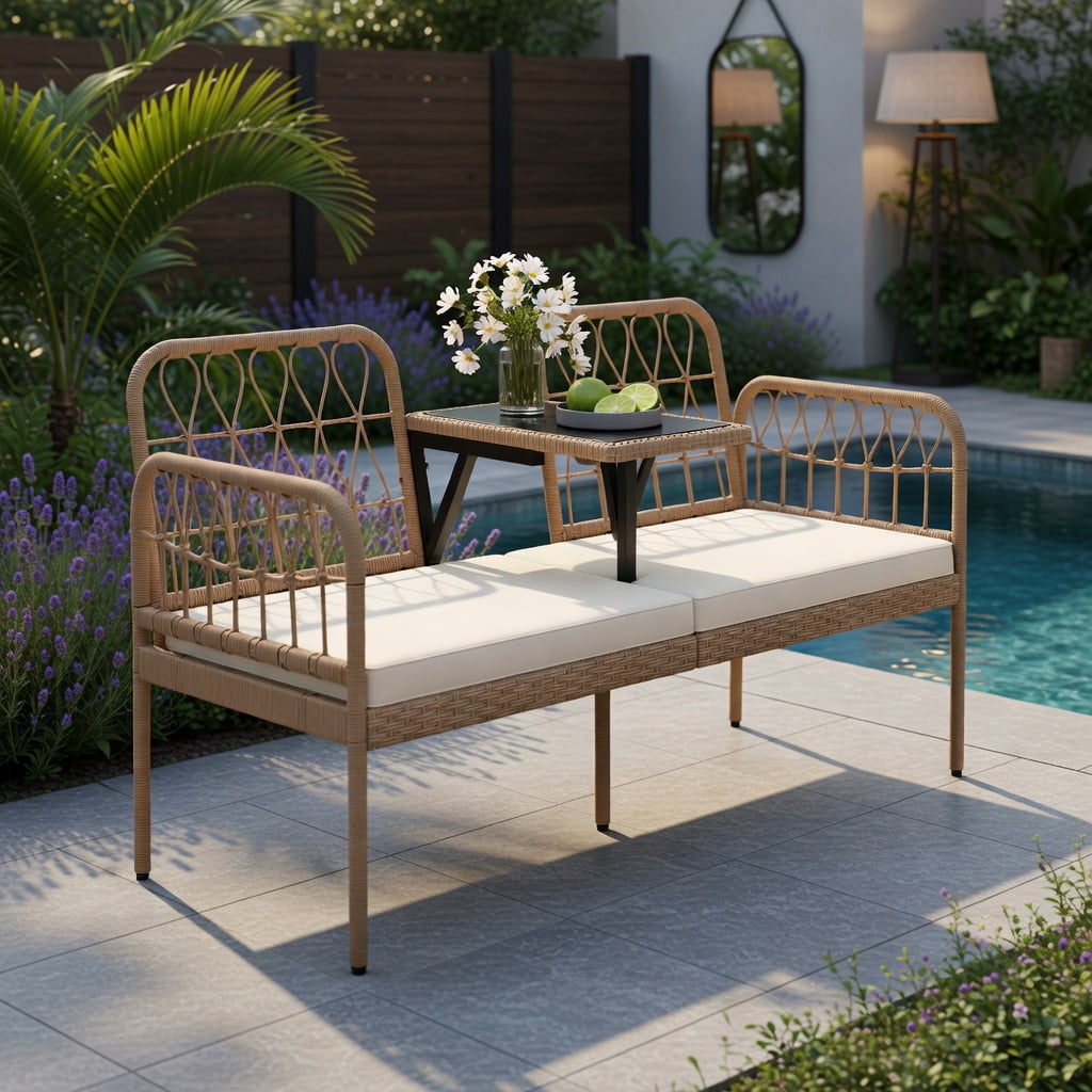 Hommoo 2-Seat White PE Rattan Outdoor Loveseat with Built-in Tempered Glass Table & Removable Cushions for Patio, Porch, Backyard, Natural