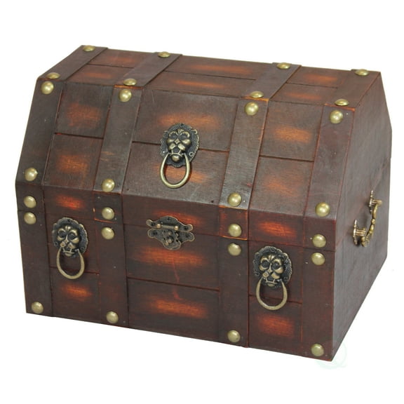 Vintiquewise Antique Wooden Pirate Treasure Chest with Lion Rings