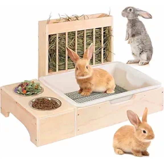 Rabbit Hay Feeder, Rabbit Litter Box, 3 in 1 Wooden Hay Feeder with Litter Box And 2 Bowls, Standing Pet-self Feeding Hay, Wooden Bunny Toilet, Rack Hay Holder for Guinea Pig, Chinchillas, Hamster