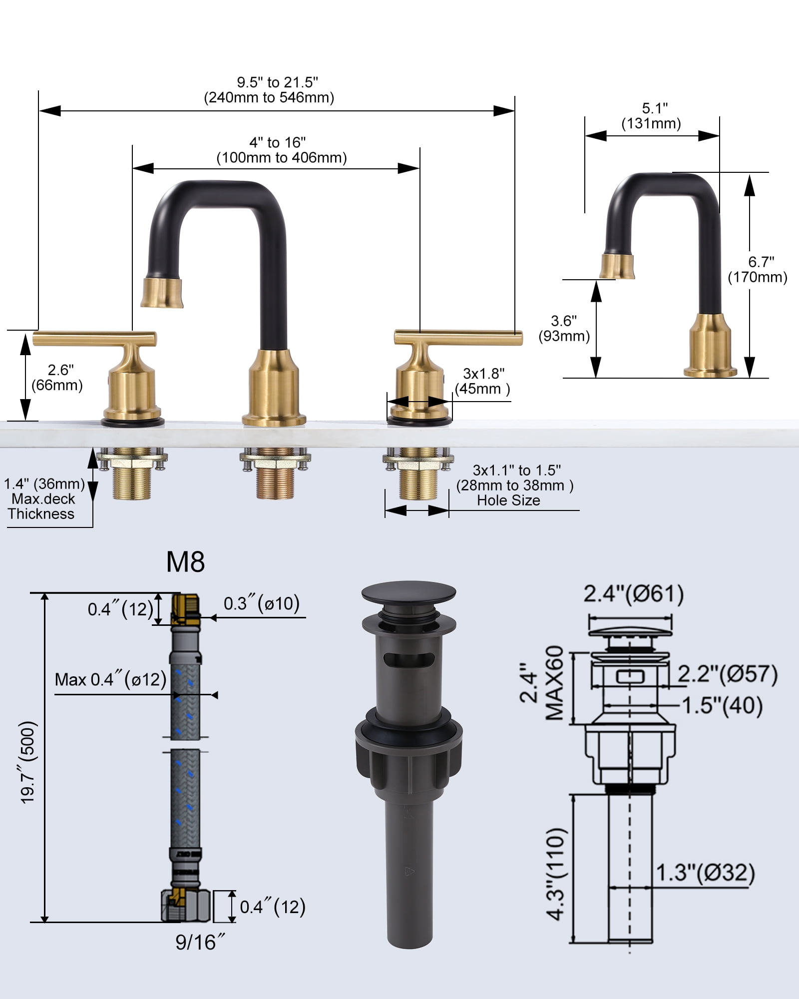 WOWOW Widespread Bathroom Sink Faucet 3 Hole with Pop-up Drain and Supply Lines(2 Pack)