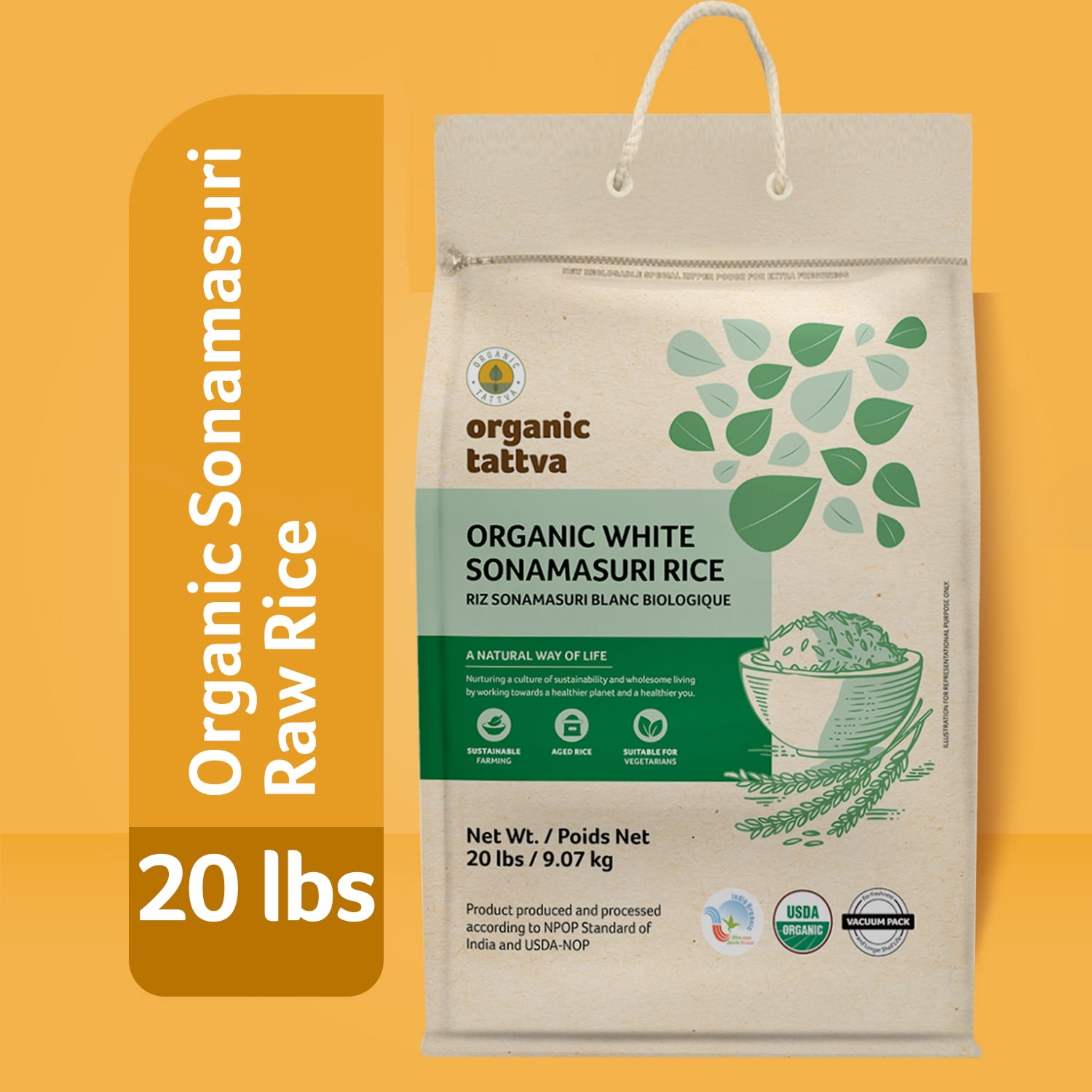 Organic Tattva White Medium Grain Rice 20LB, Lightweight & Naturally Aromatic Sonamasuri Rice, Vegan, Kosher, Non GMO, No Additives, Gluten Free, USDA Certified