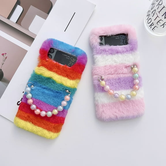 For Samsung Galaxy Z Flip4/Flip3 5G Phone Case，Shockproof Luxury Warm Color blocking Plush Case Cover,PC Slim Stand Cover With Bracelet