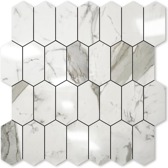 Long Hexagon Peel and Stick Backsplash Tile - 10 Sheets Stick on Backsplash for Kitchen and Bathroom 12.4 x 12 Inch Glossy Carrara White PVC Self Adhesive Mosaic Wall Tiles