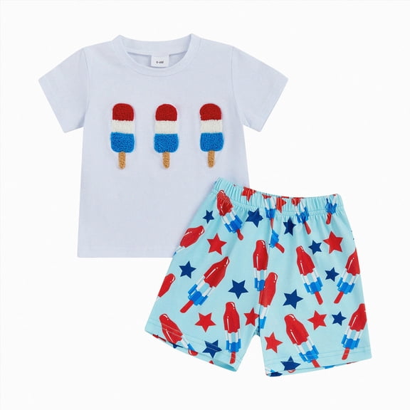 Toddler Boys Short Suit 4th of July Baby Boy Outfit Cute Popsicle Print T-Shirt & Star Print Shorts 2-Piece Outfit