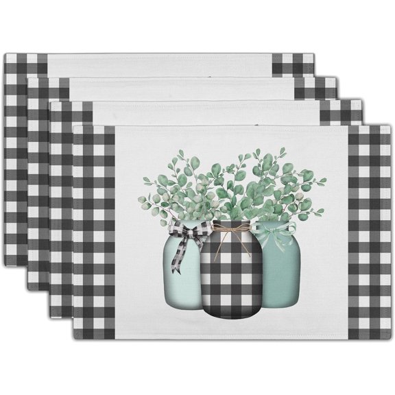 Spring Leaf Placemats Set of 4 Linen Eucalyptus Leaf Black White Buffalo Check Place Mat Washable Non-Slip Heat Resistant 12×18 Inch Thick Place Mats Decorative Fabric Table Mat for Dining Table