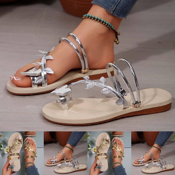 Puntoco Women'S Love Metallic Sandals Dressy Sparkly Rhinestone Strappy Toe Ring Slide Flats Sandal Silver 9.5(43)