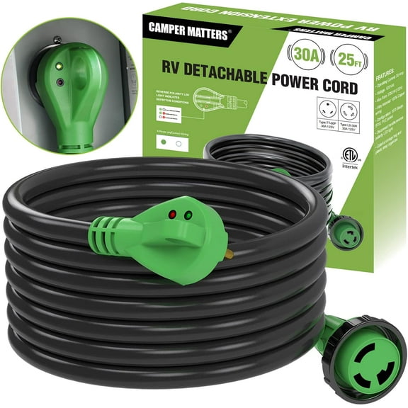 30 Amp 25 FT RV Power Extension Cord with Reverse Polarity LED Light, TT-30P to TT-30R, Heavy Duty PVC Jacket, Easy Plugin Handle, Colorful Storage Bag, and Plastic Strap Organizer