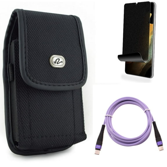 Case Belt Clip & Privacy Screen Protector & Purple 6ft PD Cable for Samsung Galaxy S22 Plus (S22 ) - Combo Rugged Holster & TPU Film (Fingerprint) Anti-Peep & Type-C to USB-C Long Charger Cord Power