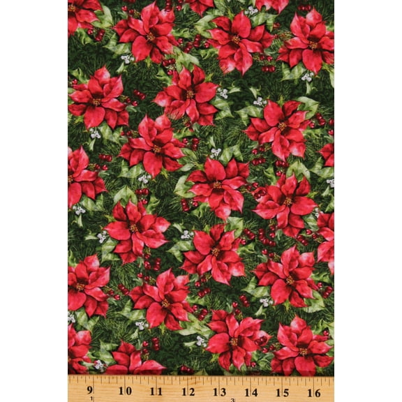 Cotton Poinsettias Flowers Berries Christmas Holiday Floral A Poinsettia Winter Jason Yenter Green Red Cotton Fabric Print by the Yard (4APW-1)