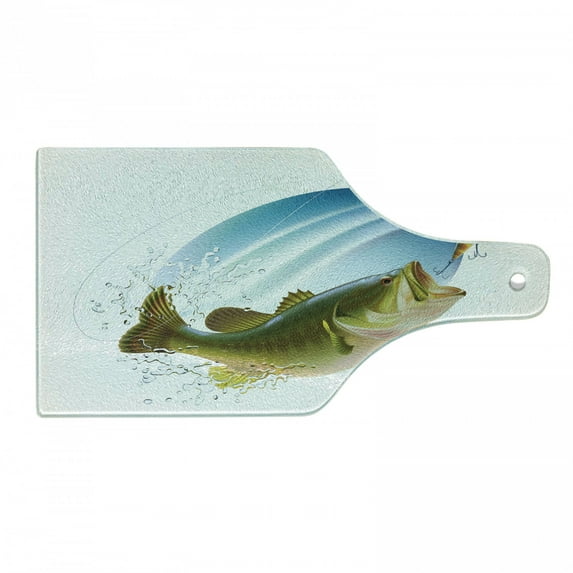 Fishing Cutting Board, Largemouth Sea Bass Catching a Bite in Water Spray Motion Splashing Wild Image, Decorative Tempered Glass Cutting and Serving Board, Wine Bottle Shape, Green Blue, by Ambesonne