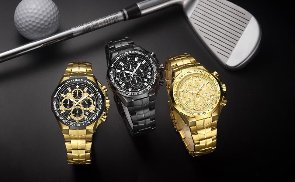 Men's Gold Watch Stainless Steel Waterproof Watches for Men Multifunctional Chronograph Analog Quartz Fashion Business Wristwatch Luminous with Date