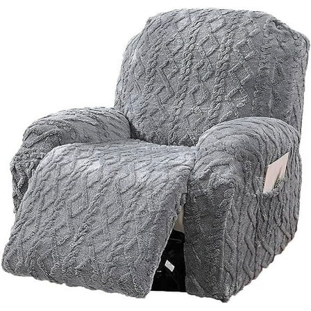 XmhyTop 4 Pieces Geometric Jacquard Plush Recliner Slipcovers Soft Fuzzy Fluffy Sofa Couch Cover Anti-Slip Furniture Protector with Elastic Bottom for Kids Cats Dogs(Grey,1 Seat)