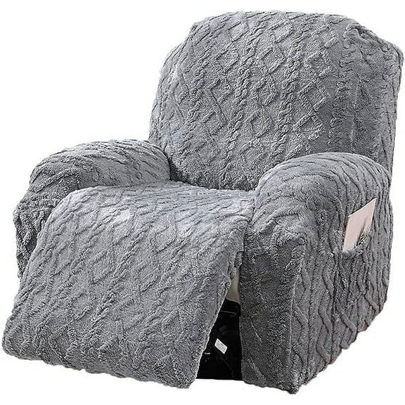 XmhyTop 4 Pieces Geometric Jacquard Plush Recliner Slipcovers Soft Fuzzy Fluffy Sofa Couch Cover Anti-Slip Furniture Protector with Elastic Bottom for Kids Cats Dogs(Grey,1 Seat)