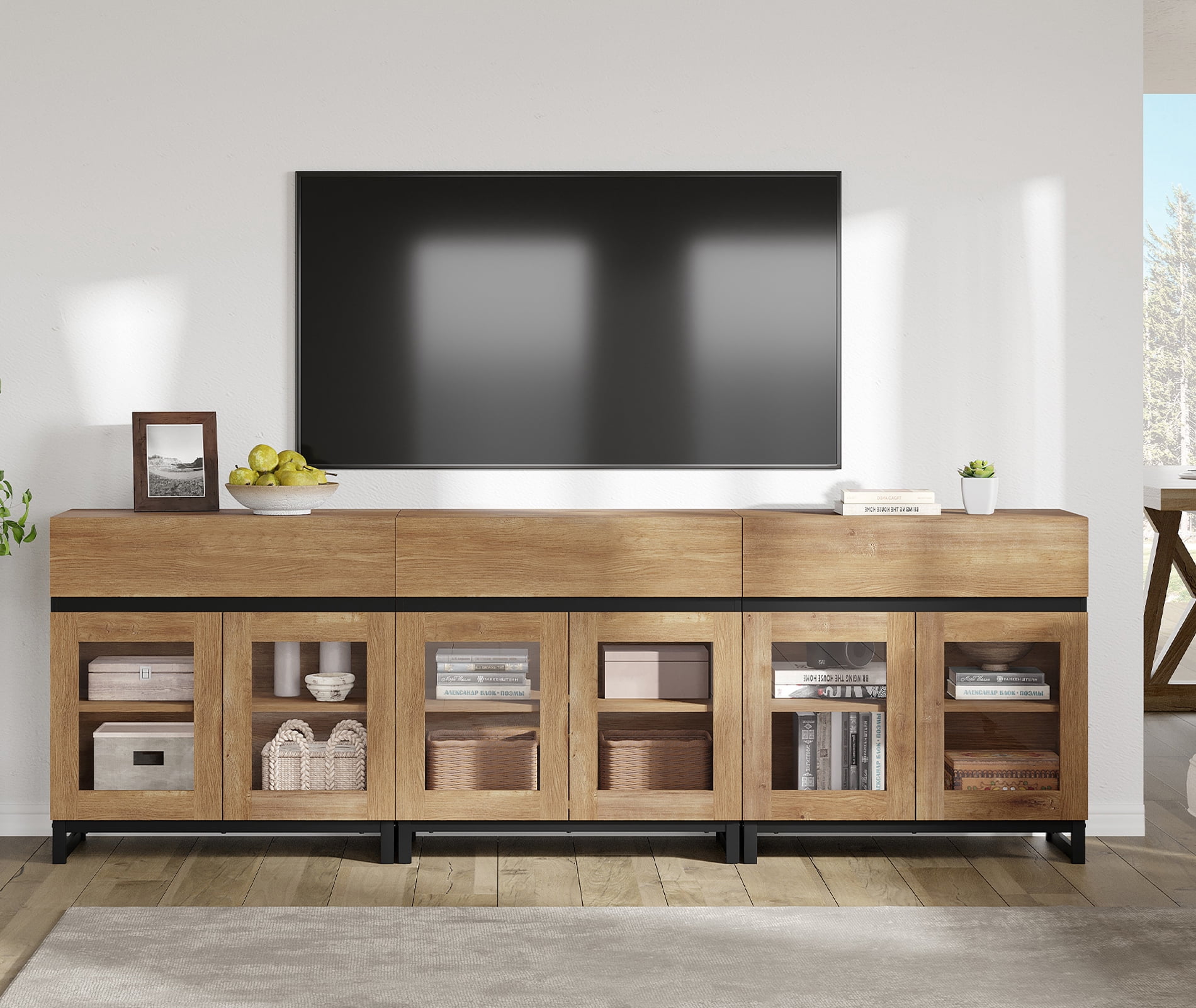 3 in 1 Modern TV Stand with Transparent Glass Doors, Multi-Piece Entertainment Center with 3 Drawers and Reinforced Metal Base, Matching 110 Inch TVs, Oak Style for Living Room