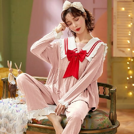 

DanceeMangoo Fashion Autumn Winter Princess Retro Style Pajamas Sets for Women Cotton Purple Soft Sleepwear Suit Home Loose Nightwear Set