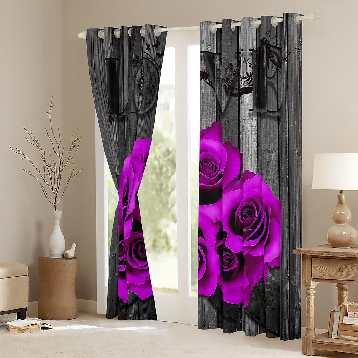 Purple Rose Window Curtains 42"Wx90"L Purple Black Romantic Floral Blackout Curtains Women Valentine'S Day Flower Window Curtains Retro Rustic Farmhouse Rose Window Treatments 2 Panels