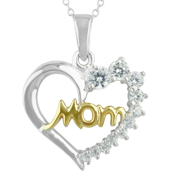 Brilliance Fine Jewelry Simulated Diamond Mom Heart Necklace in Two Tone Sterling Silver with 14KT Gold Flash Plate