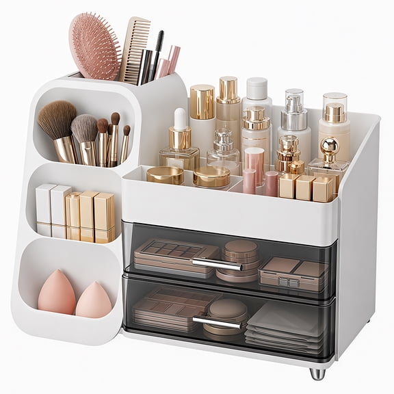 Findosom Makeup Organizer with Brush Holder for Vanity, 3-Tier Large Plastic Bathroom Counter Storage Organizer, Cosmetic Display Case with Drawers for Lipstick Perfume Eyeshadow Palettes (White)
