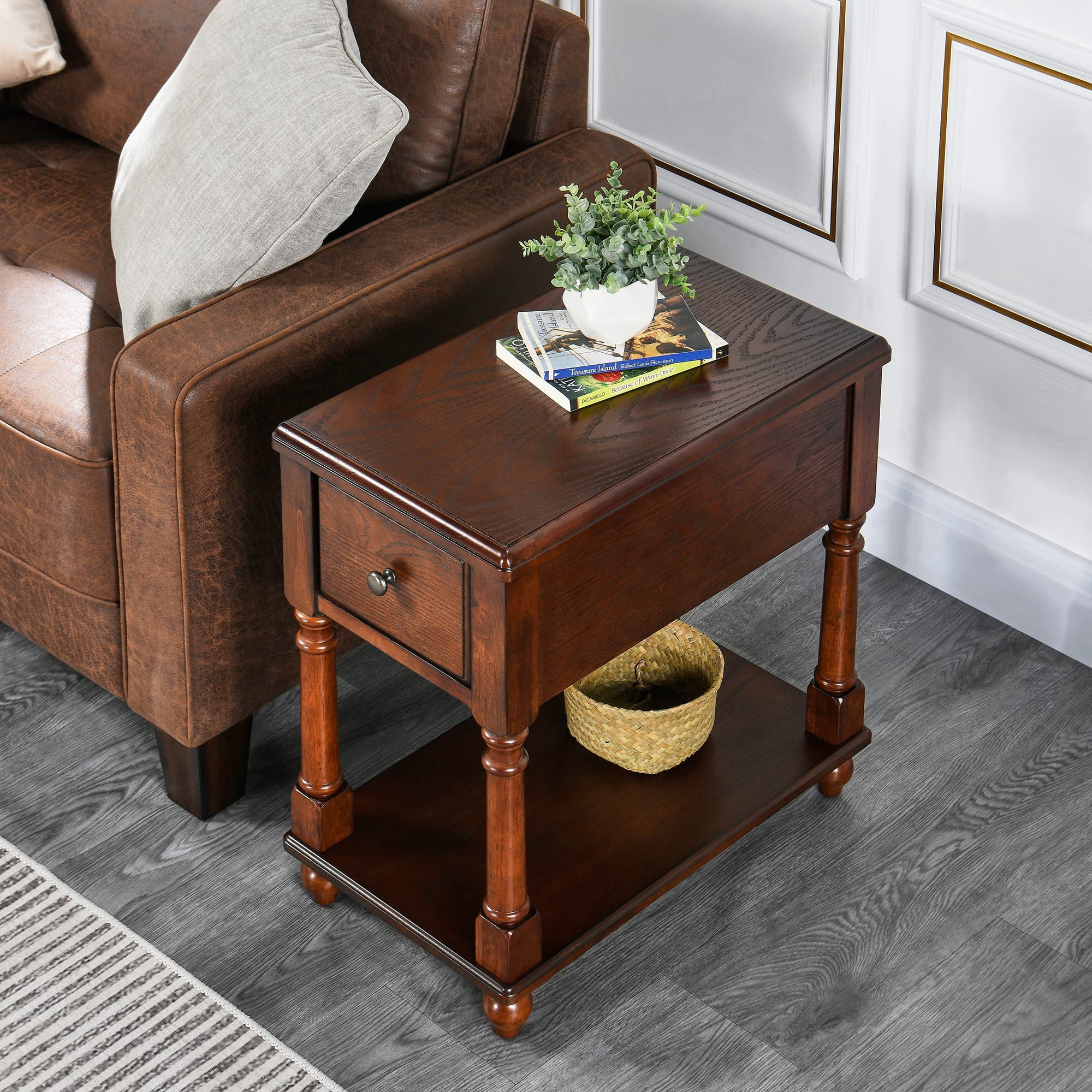 JESONVID Narrow Open End Table with Drawer, Solid Wood Side Table 2-Tier Skinny Table with Storage Shelves Slim Nightstand Small Sofa End Table for Living Room Bedroom-Mahogany 004DWA