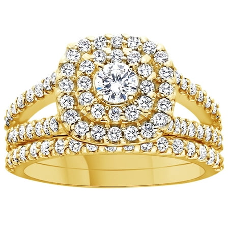 - Round Cut White Natural Diamond Double Halo Engagement Wedding Ring In 10K Solid Yellow Gold By Jewel Zone US